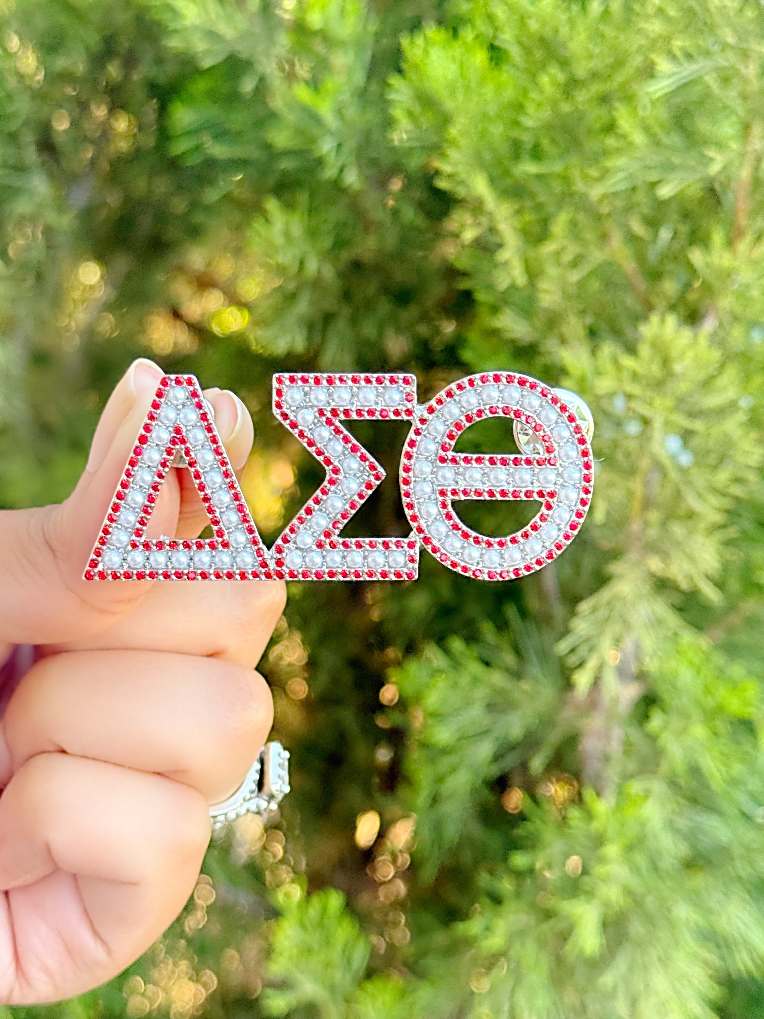 DST Greek Letters Red Crystal Pearl Brooch Pin