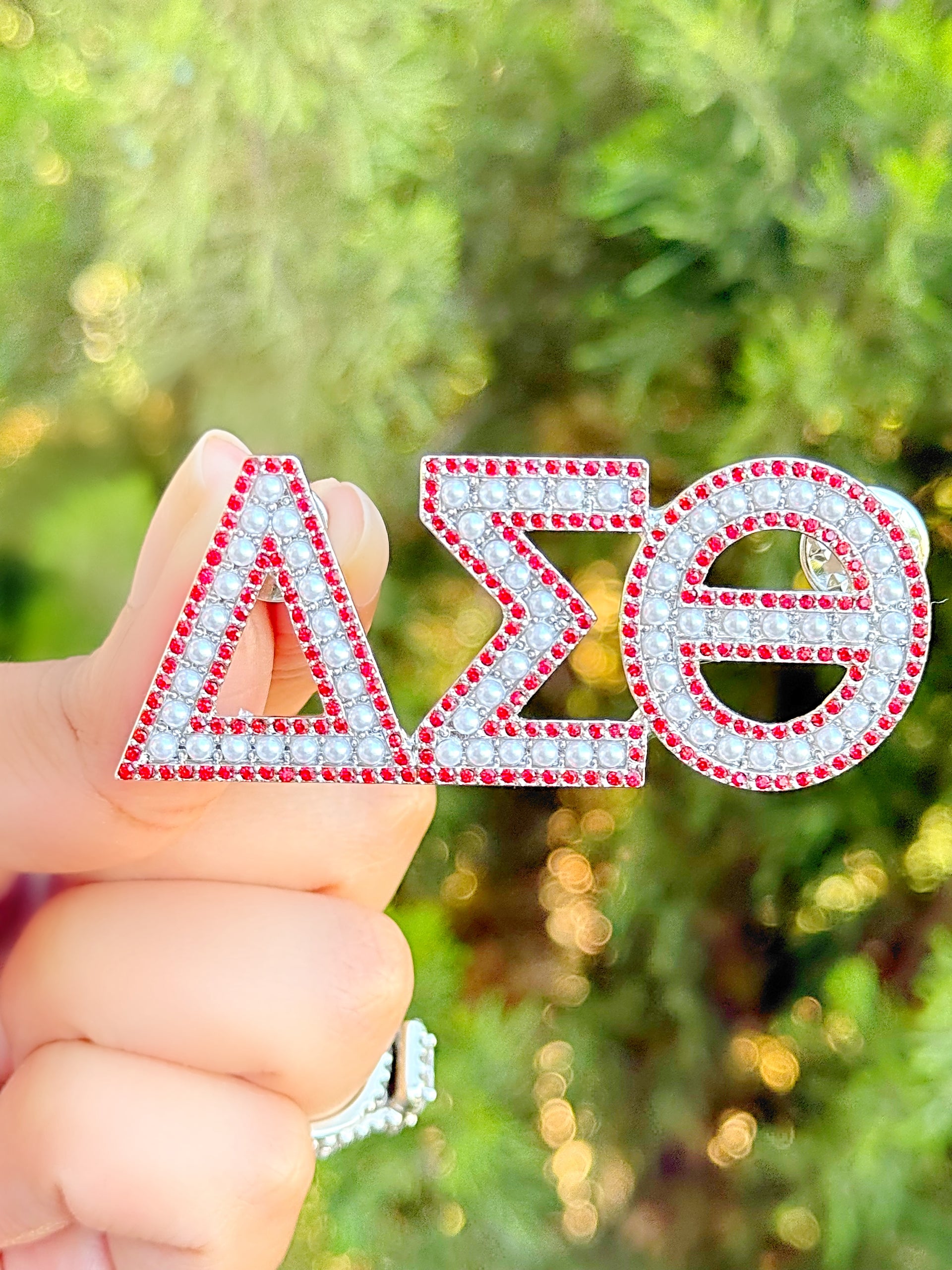 DST Greek Letters Red Crystal & Pearl Brooch Pin